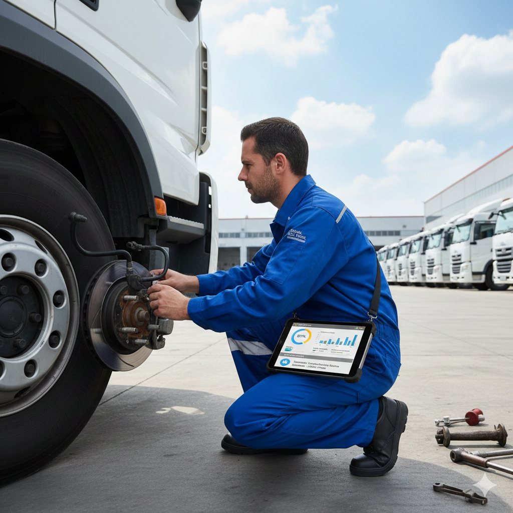mechanic inspecting a fleet truck while tablet shows maintenance analytics dashboard